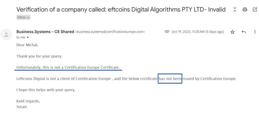 Verification of a Leftcoins company