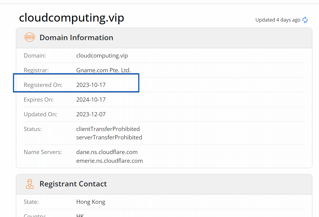cloudcomputing.vip - Website Registration Date