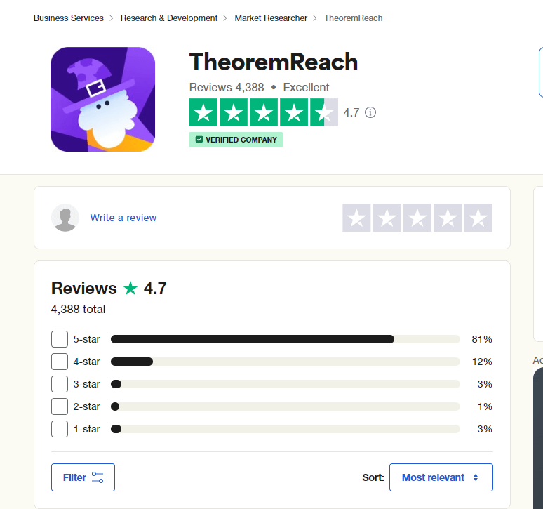 TheoremReach Reviews on Trustpilot 2024